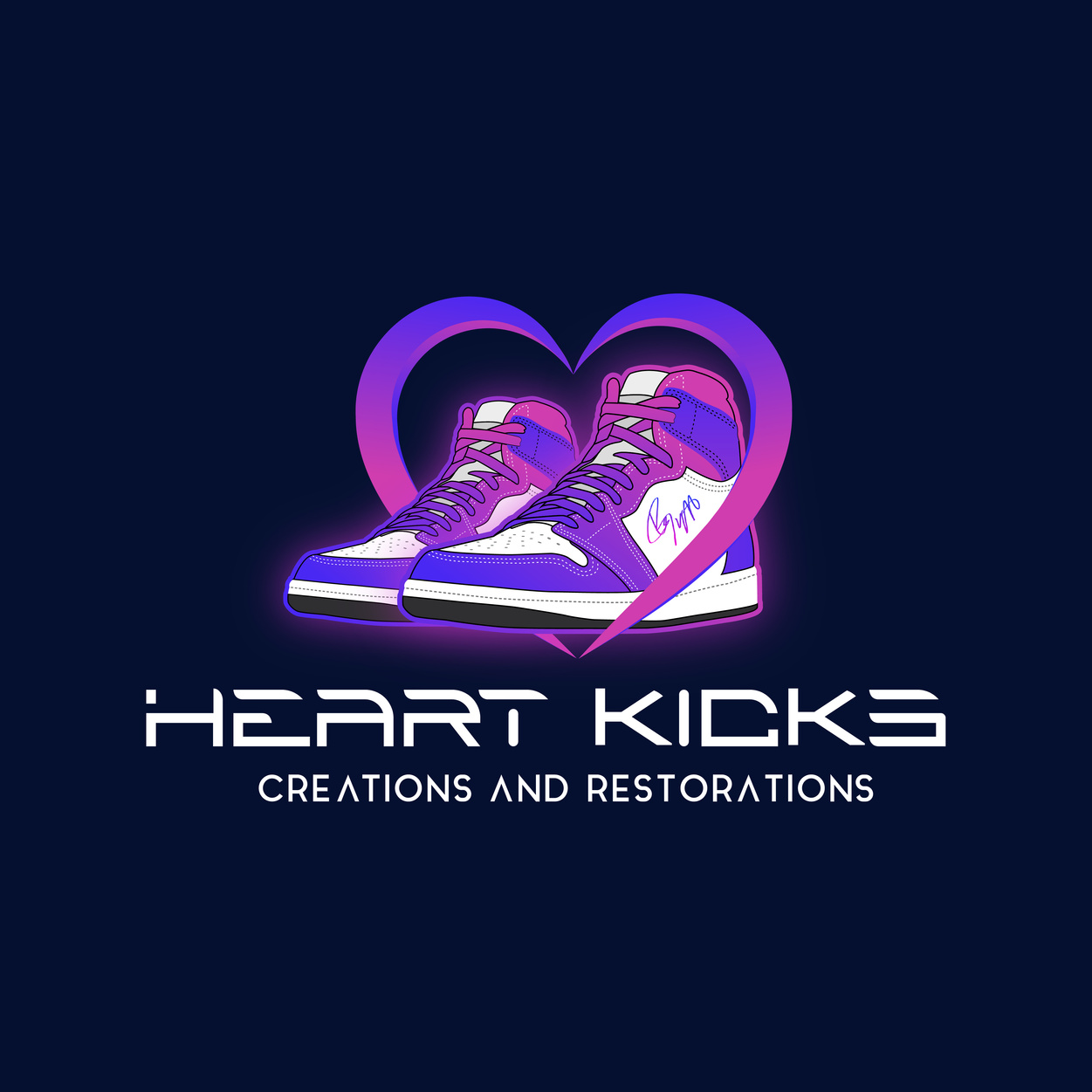 Heart Kicks logo: purple and pink sneakers inside a glowing heart